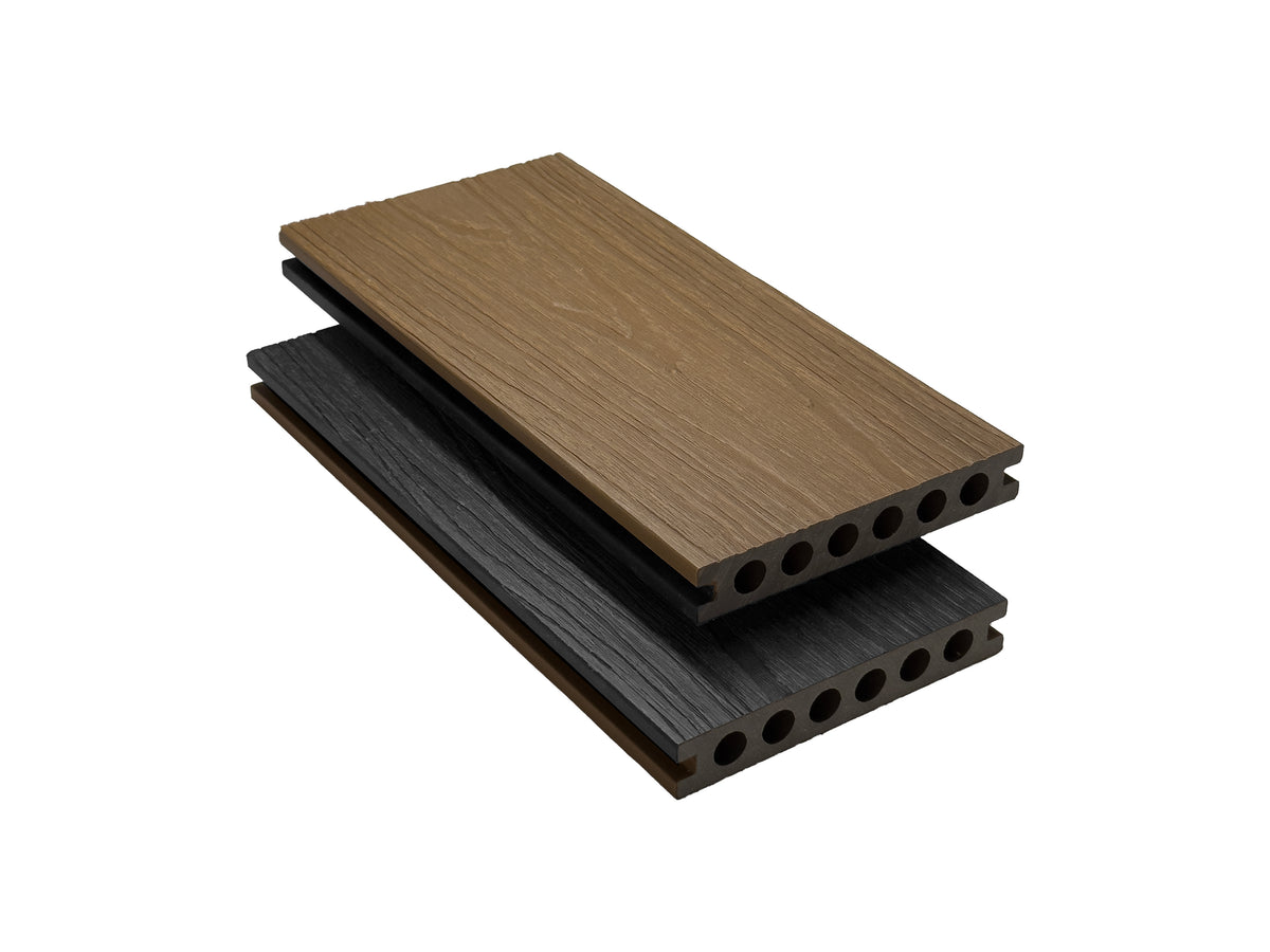 WPC-Terrassendiele Golden Teak – Charcoal, rundes Hohlkammerprofil, beidseitige Holzmaserungsstruktur