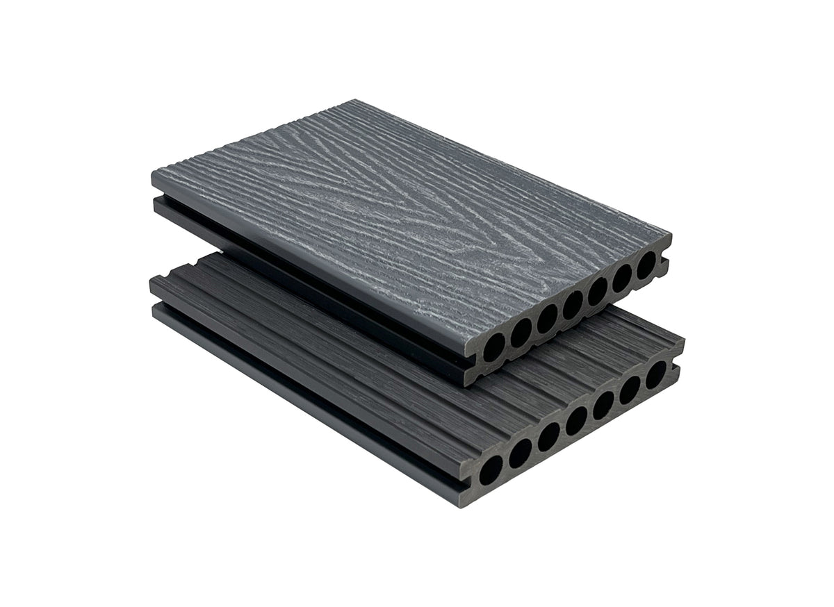 WPC-Terrassendiele beidseitig Grau – Rundes Hohlkammerprofil, 3D-Drachenholzstruktur vs. glatt